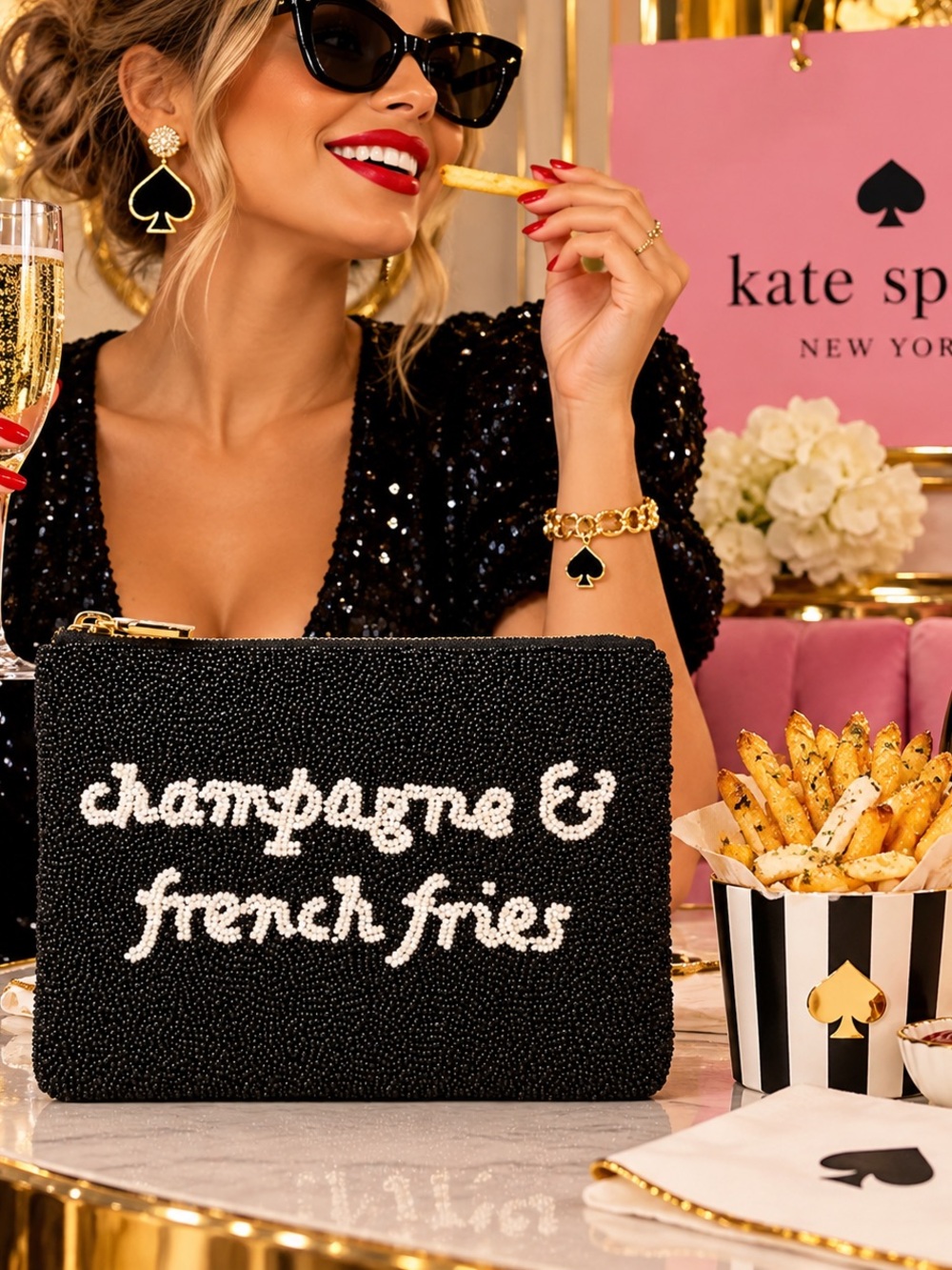 Kate Spade Black Beaded Pouch with White Script "champagne & french fries" NWT